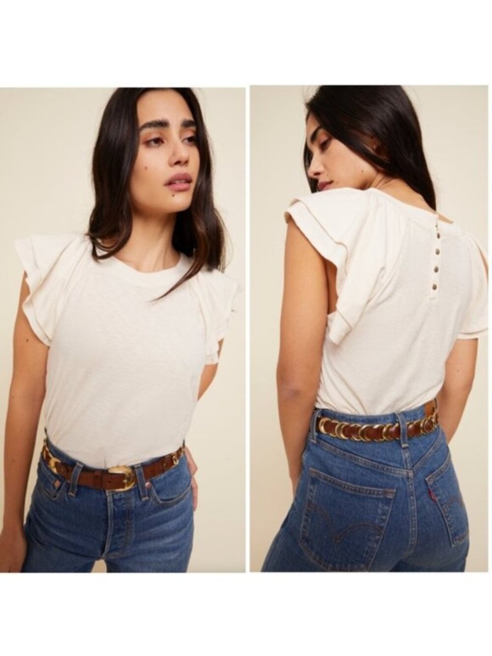 Nation LTD Cream Ruffle-Sleeve Cotton Tee